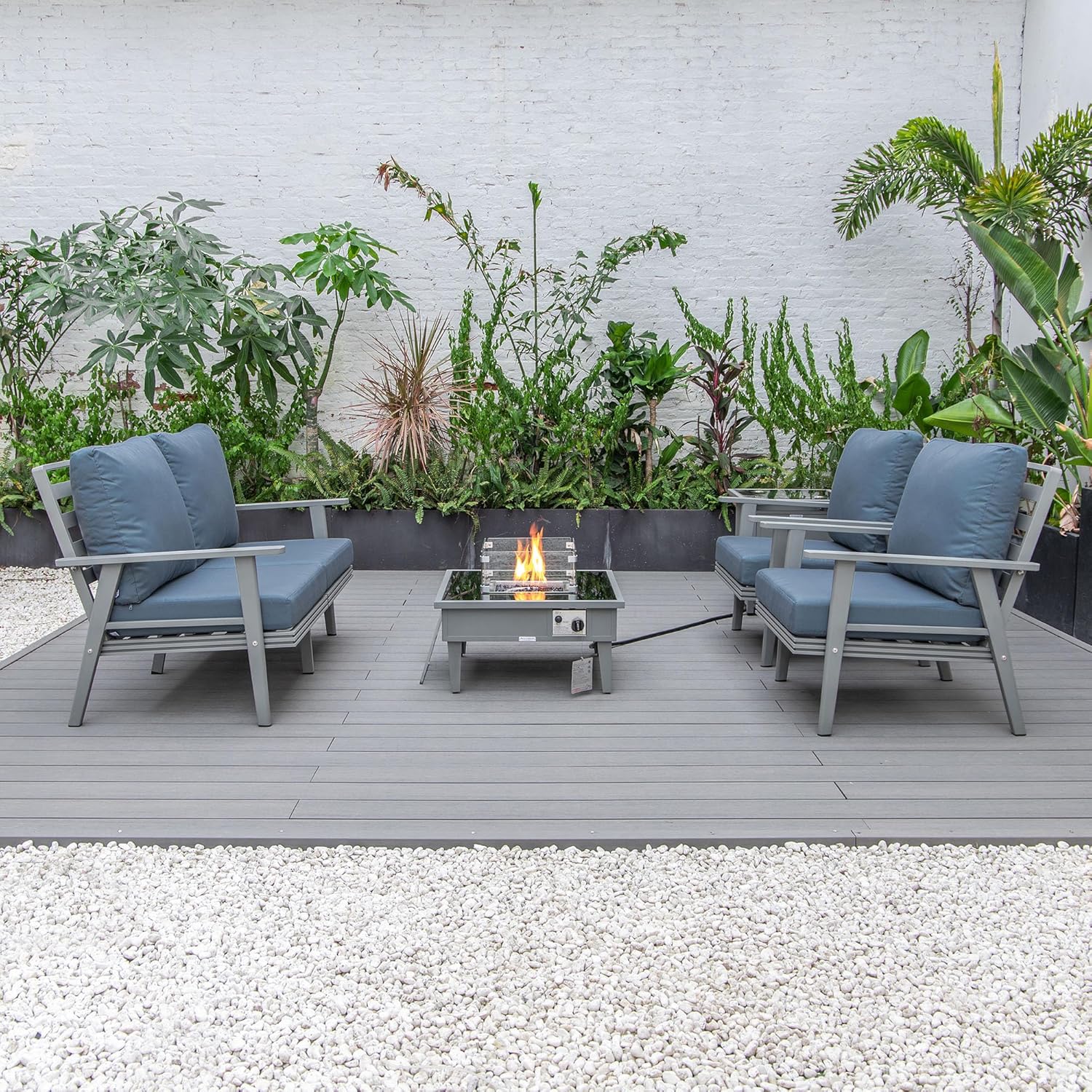 LeisureMod Walbrooke Modern Aluminum 5-Piece Patio Conversation Set with Outdoor Square Fire Pit Table & Side Table Tank Holder (Navy Blue)