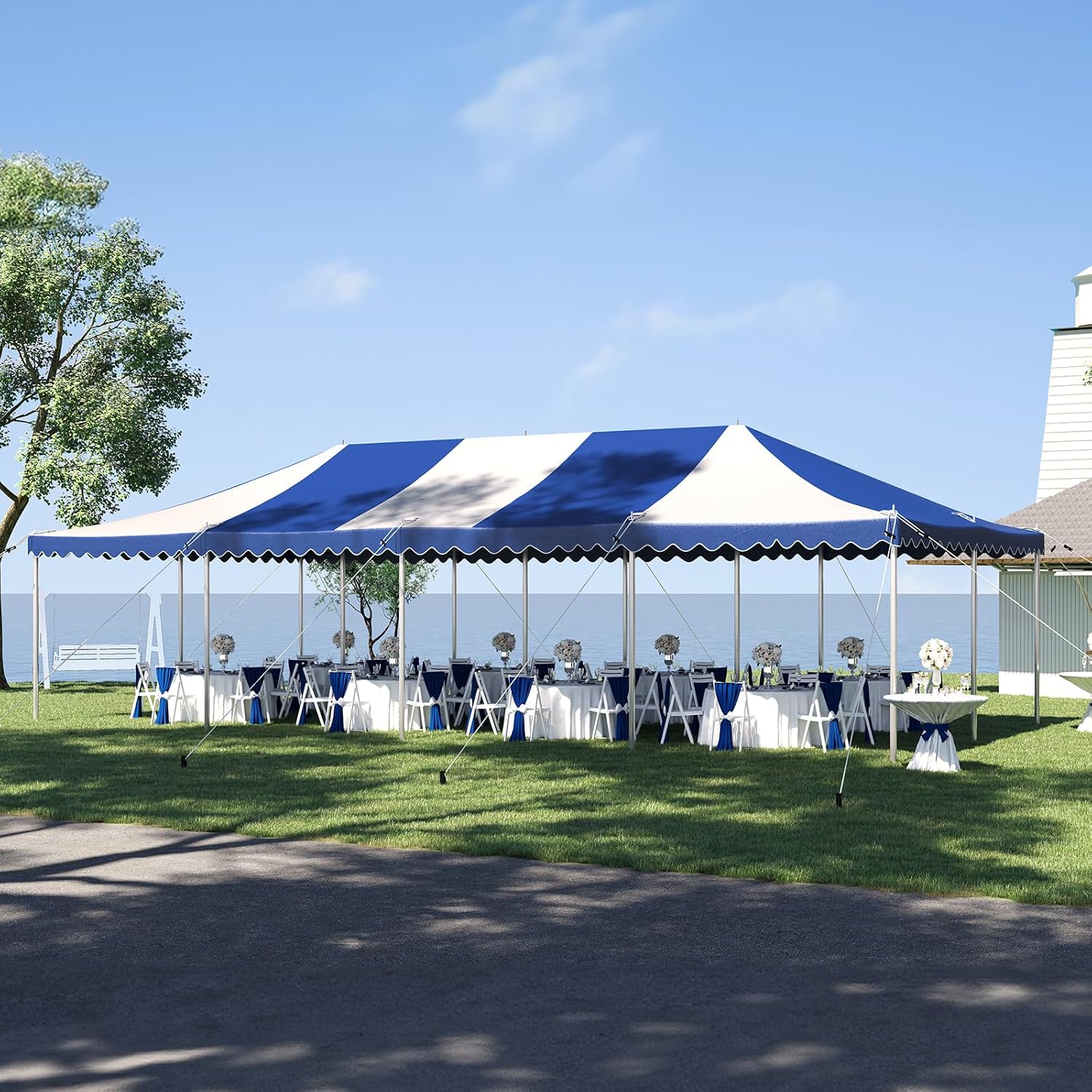 Quictent 20x40 Party Tent Heavy Duty Fire Retardant Pole Tent Weekend Canopy Easy Set Up with 120 Person Capacity, Outdoor Canopies for Parties, Weddings, and Events (Striped Blue,no Sides)