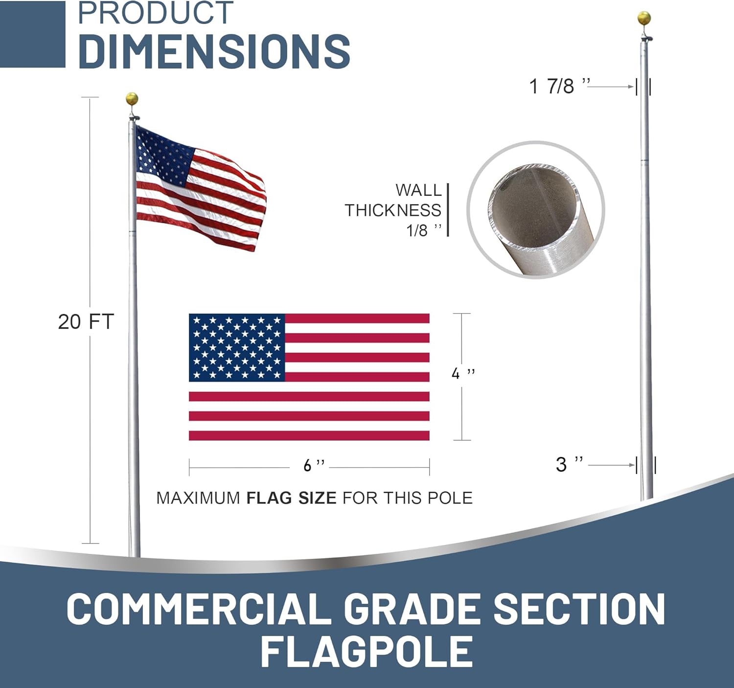 Super Tough USA-Made 20ft Heavy Duty Flag Pole for Outside House - Satin Finish - Residential In-Ground Flagpole - 3-Section High-Grade Aluminum - Includes All Accessories