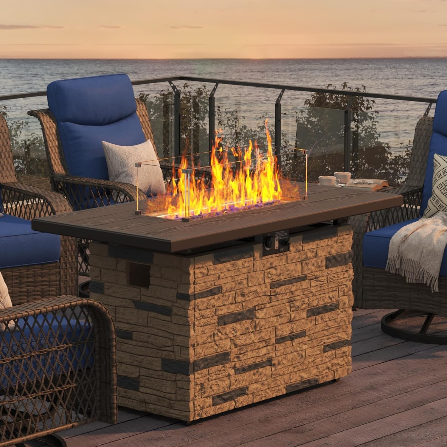 PIZZELLO 43 Inch Propane Fire Pit Table Outdoor Stone Firepit Rectangular 50000 BTU Propane Fire Tables for Outside Patio with Wind Guard, Table Lid, Fire Beads, Cover, Pizzello Caldo (Brown)