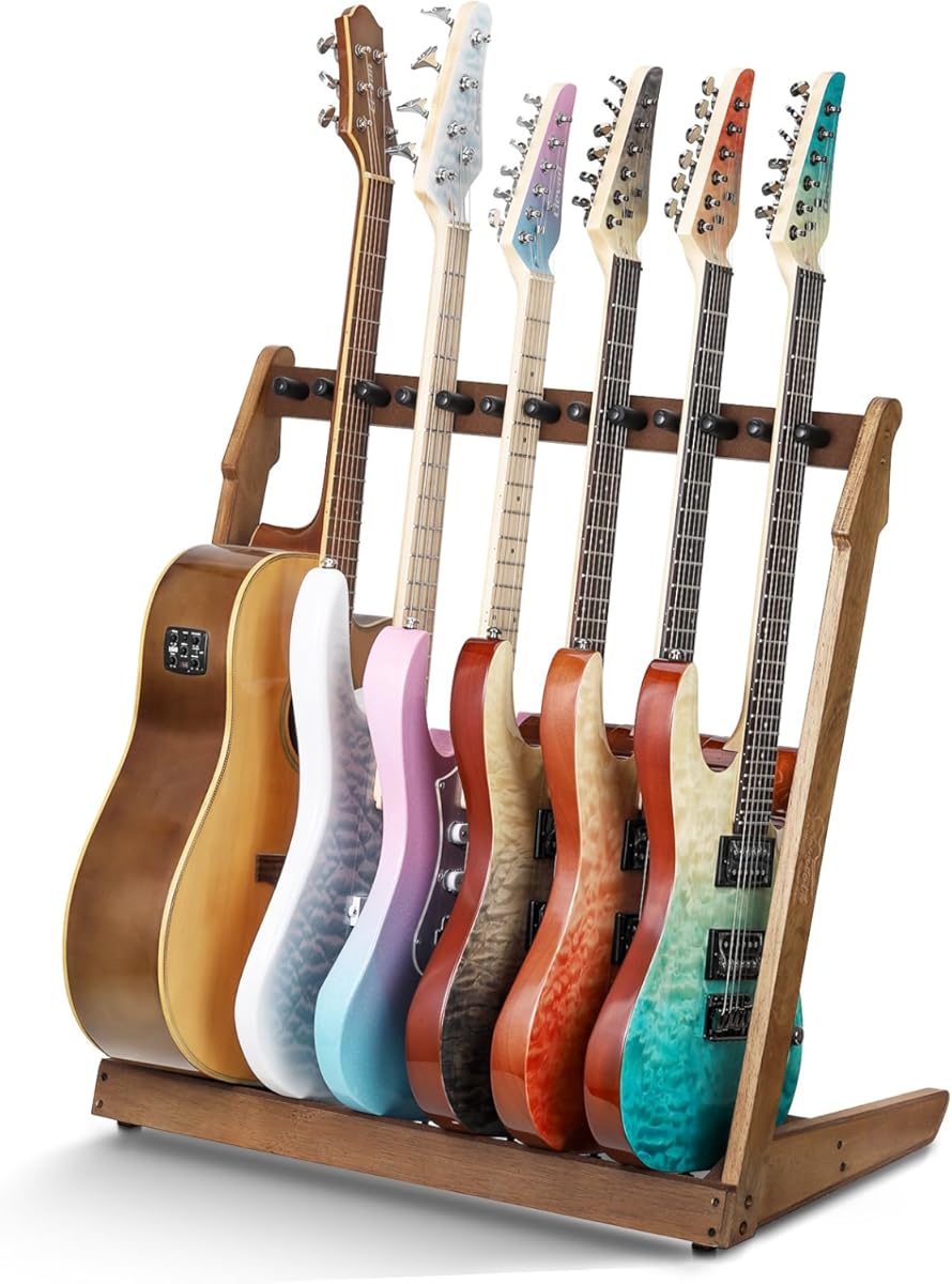 Guitar Stand for Multiple Guitars,Multi Wood Guitar Rack for 4 Acoustic Guitar, 6 Electric or Bass,18mm-thick wooden plank