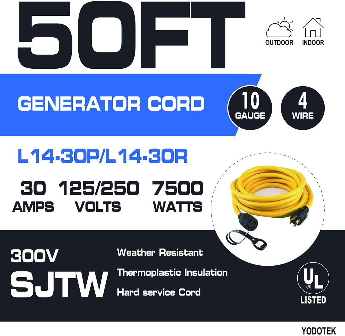 50 FEET Heavy Duty Generator Locking Power Cord NEMA L14-30P/L14-30R,4 Prong 10 Gauge SJTW Cable, 125/250V 30Amp 7500 Watts Yellow Generator Lock Extension Cord with UL Listed Yodotek