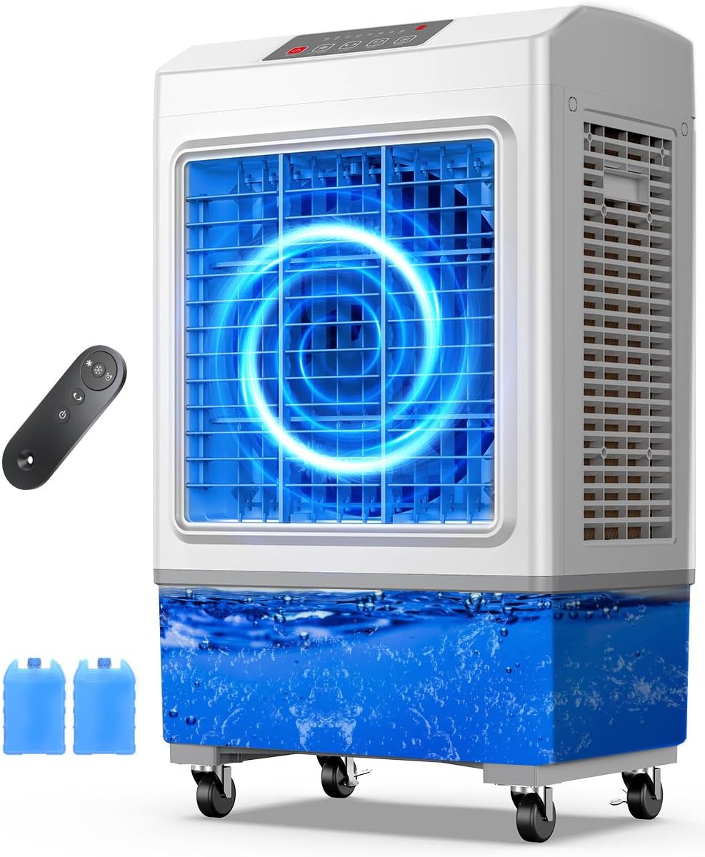 Large Swamp Cooler Air Conditioner, 2200CFM Evaporative Air Cooler, 7H Timer & 8 Gal Water Tank, 100°Oscillation, 3 Speeds & 1 Ice Boxes,Remote, Portable Air Conditioner for Garage Home