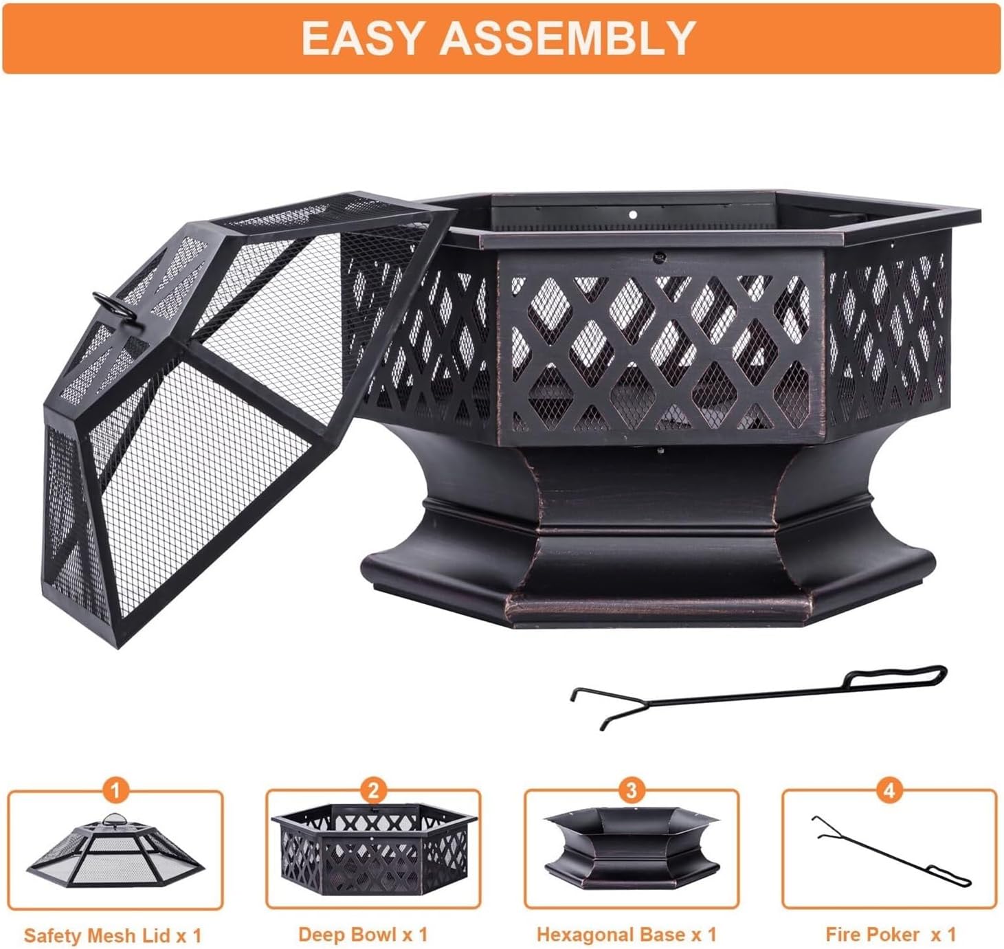 28 Inch Hexagon Wood Burning Fire Pit – Antique Bronze Outdoor Firepit with 360° Flame View for Patio, Backyard, and Camping(28 Inch)