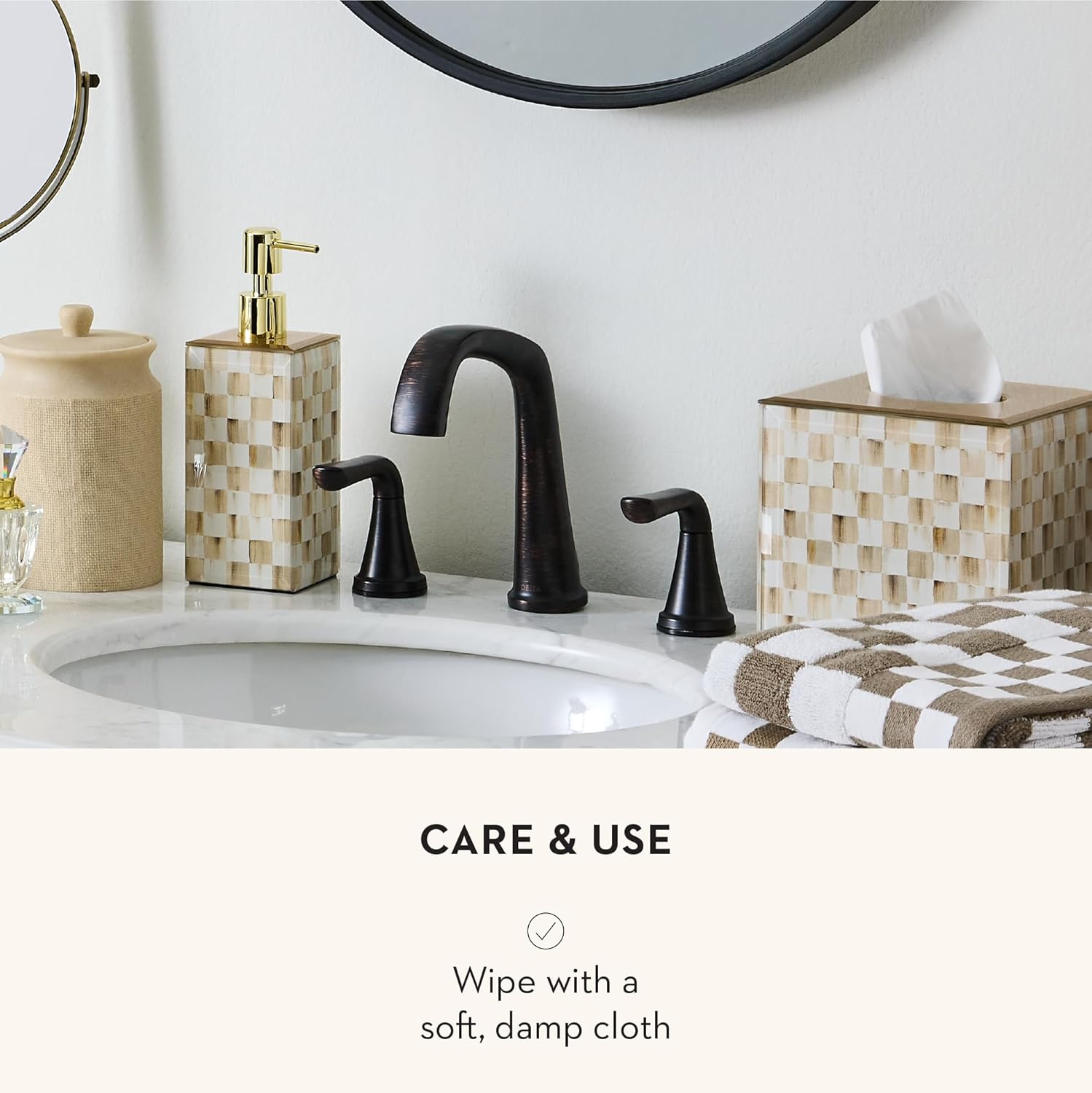 MACKENZIE-CHILDS Glass Tissue-Box Cover, Boutique Bathroom Decor, Brown-and-White Mocha Check