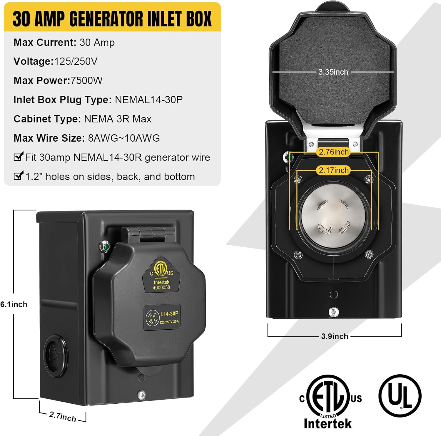 50FT 30 Amp Generator Cord with Pre-Drilled Power Inlet Box,Heavy Duty Generator Power Cord 4 Prong,125/250V,NEMAL14-30P/14-30R,Waterproof,ETL Listed,Home/RV Power Supply