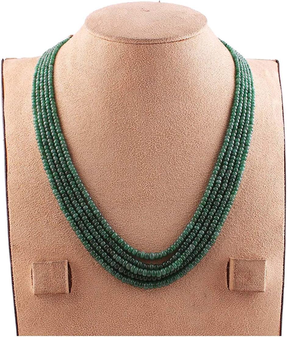 Neerupam Collection Natural Green Beryl Plain rondelle semiprecious Gemstone Beads Necklace Jewelry, 3mm to 5mm Beads, Emerald Color Green Beads, for Women and Girls (5 Strand NK)