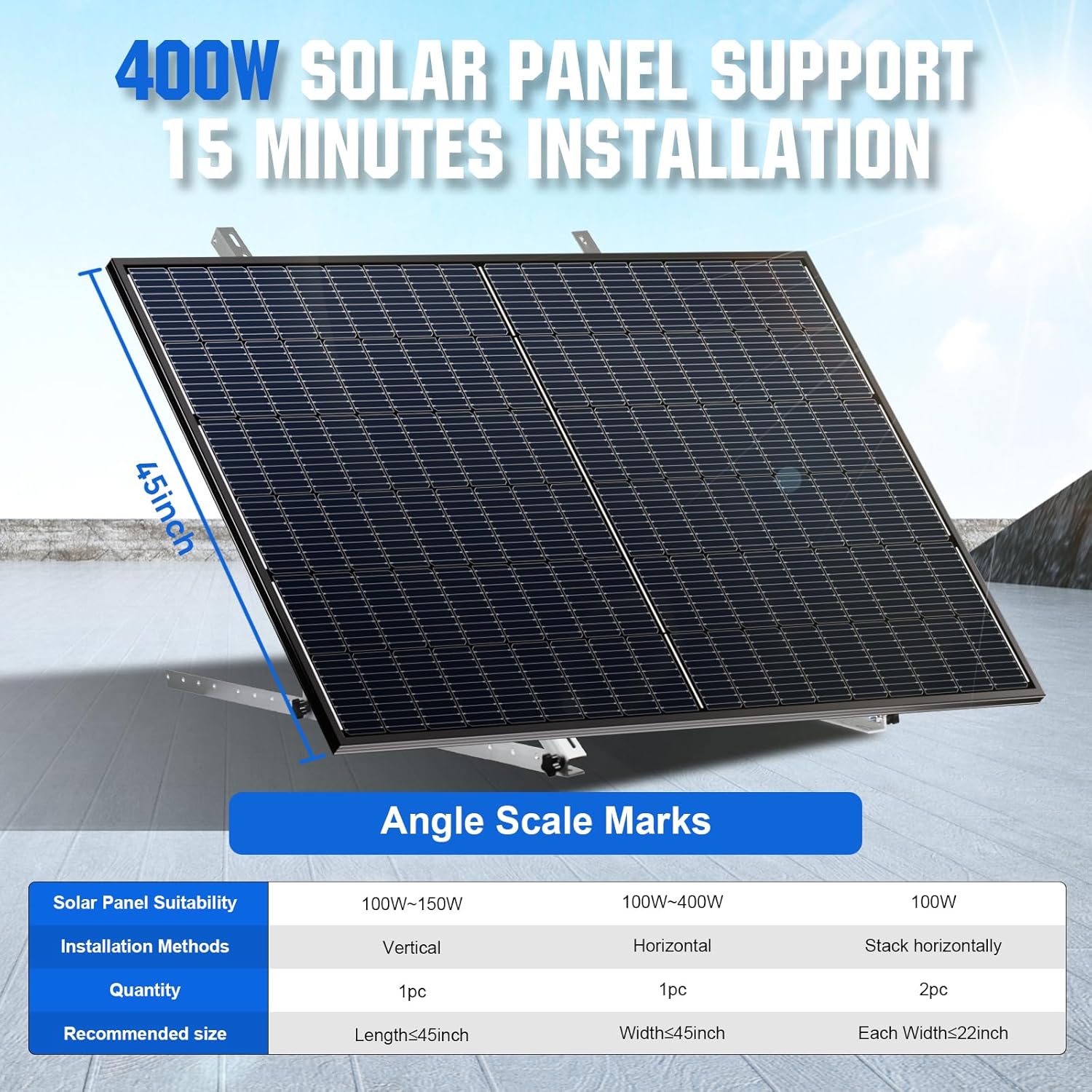 ECO-WORTHY 2 Sets 45inch Solar Panel Mount Brackets Adjustable Tilt Mount Brackets, Suitable for 2-4pcs 100 200 300 400 Watt Solar Panel for Roof, RV, Boat, and Off-Grid