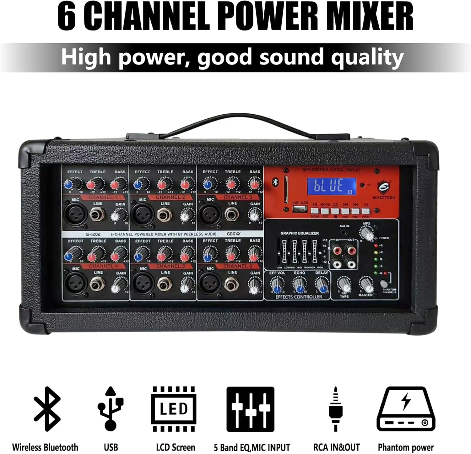 EXOTON S-1202 12inch 2000W Bluetooth PA System with Powered Mixer Set, Passive Speakers with 6 Channel Mixer/Stands/Mic/Effect Controller/ 48V Phantom Power,for Indoor&Outdoor