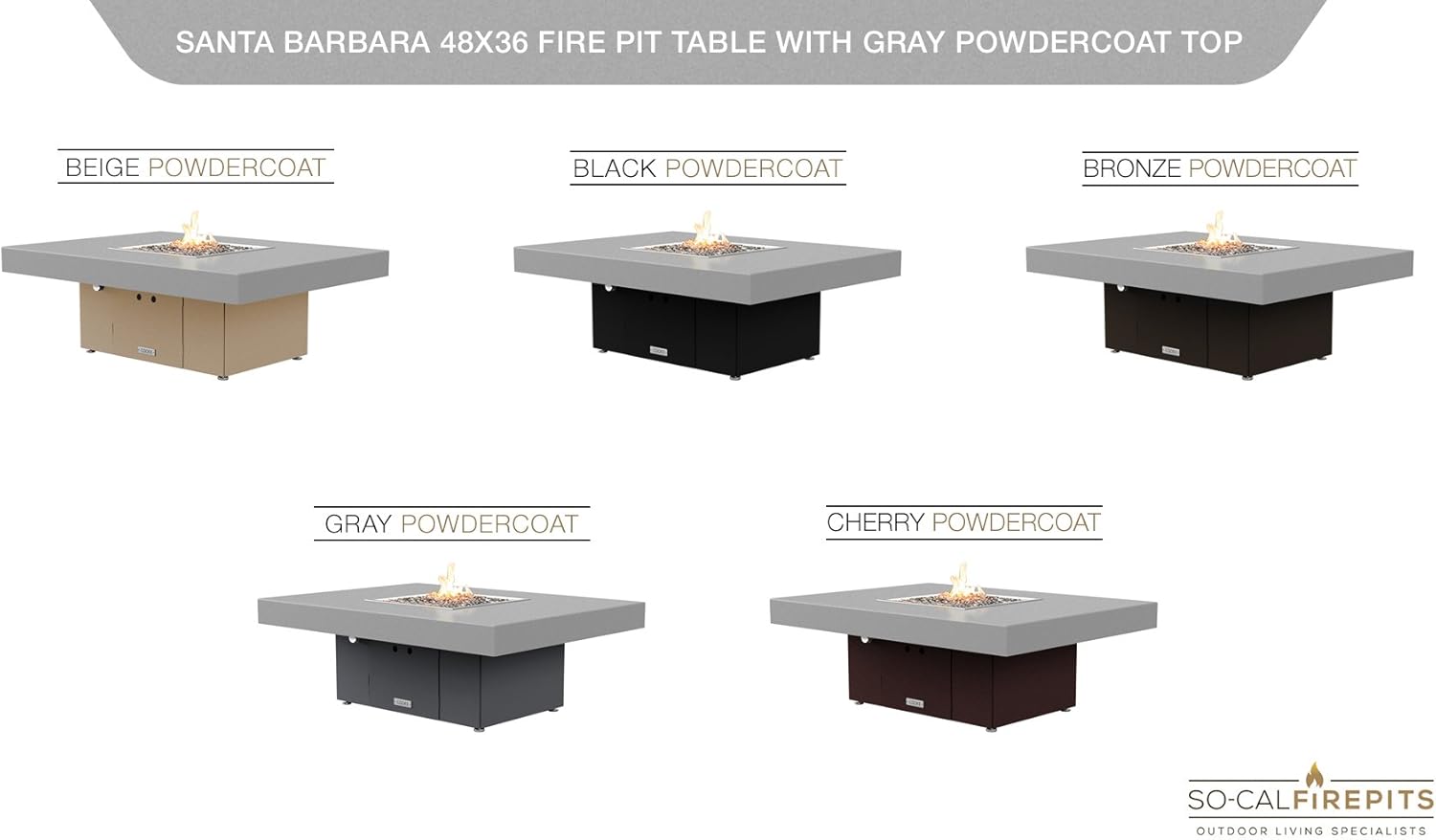 COOKE Santa Barbara 48 x 36 Rectangular Fire Pit Table - Grey Powdercoat Aluminum Top - Propane (Grey Powdercoat Base)