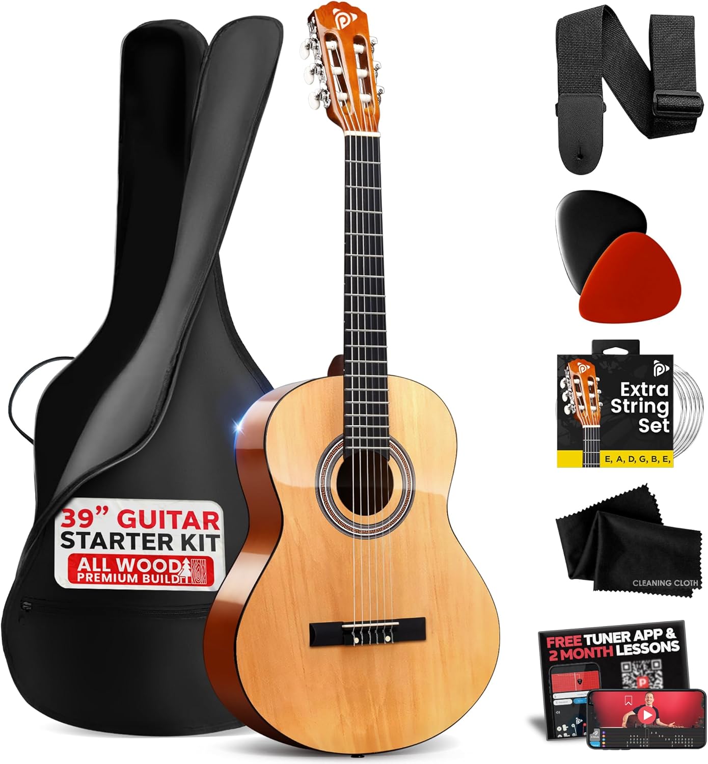 Pyle Beginner Acoustic Guitar Kit, 4/4 Full Size All Wood Instrument with Full Accessory Kit, Picks, Shoulder Strap, Carry Case, Cleaning Cloth, Tuner App, 2 Month Lessons, 39”