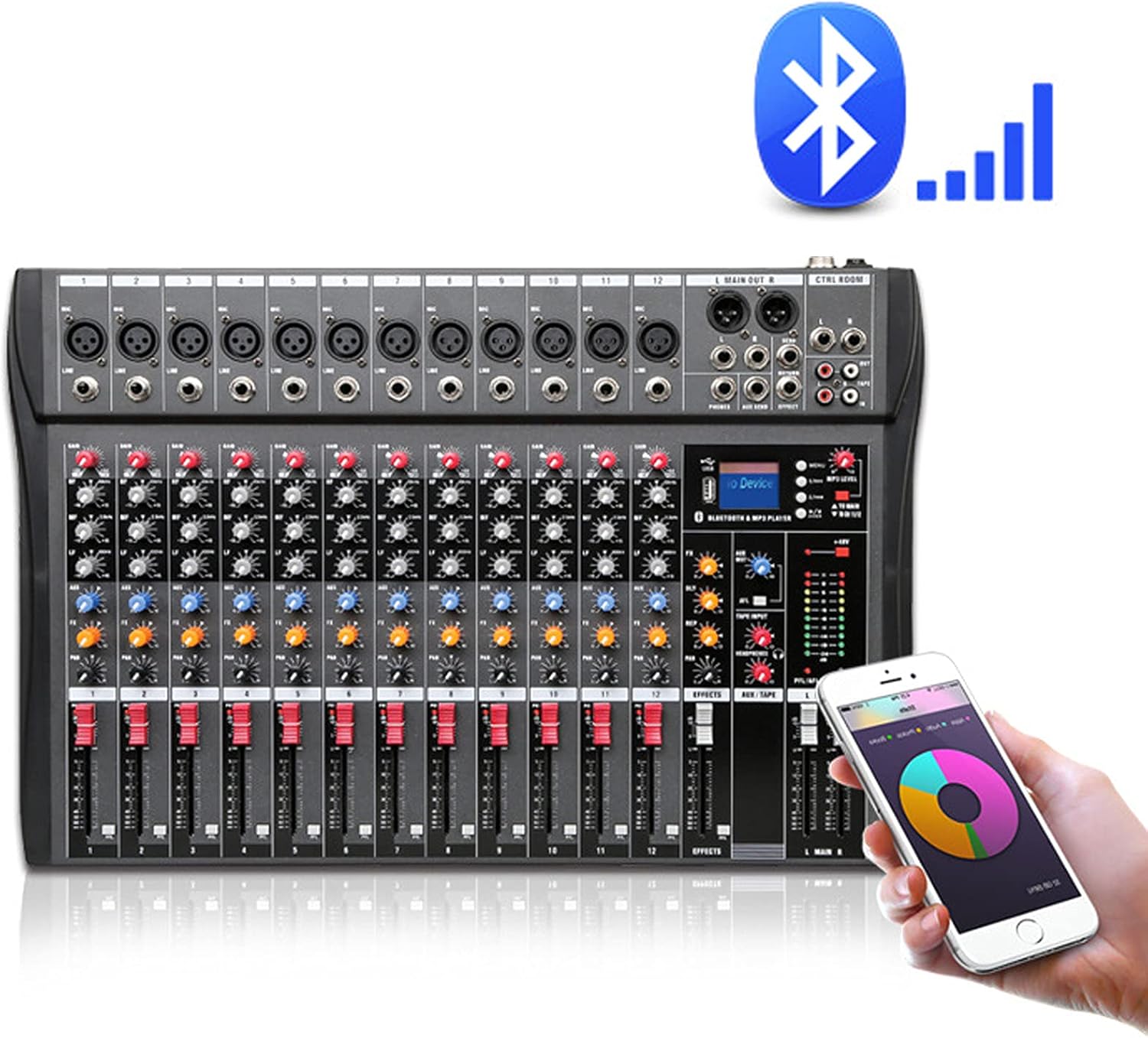 12 Channel Audio Mixer, Professional Live Studio Audio Mixer with Bluetooth USB PC Recording Input, Mixing Console Amplifier Studio, Black
