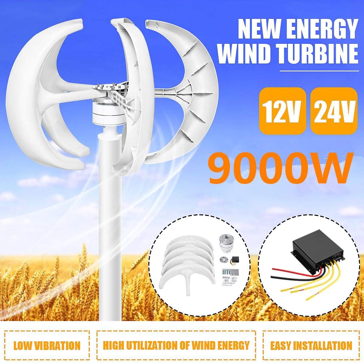 9000W 12V 24V 5 Blades Lantern Wind Turbines Generator Vertical Axis Motor Kit for Home Hybrids Streetlight Use Electromagnetic