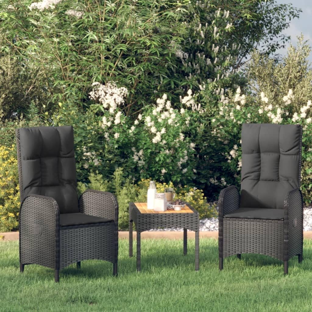 3 Piece Patio Lounge Set with Cushions Black Poly Rattan,Modern Patio Lounge Set with Reclining Chairs and Acacia Wood Table Patio Furniture Sets, Outdoor Furniture Sets
