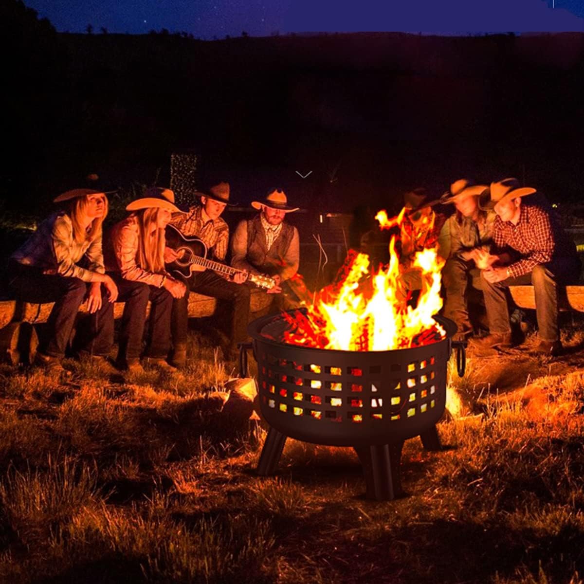 25.5inch Outdoor Wood Burning Fire Pits， Round Basin Camping Fire Pit，Household firewood Basin,with Ornate Black Base, Wood Poker, & Mesh Screen，for Patio Backyard Deck (Color : Black)