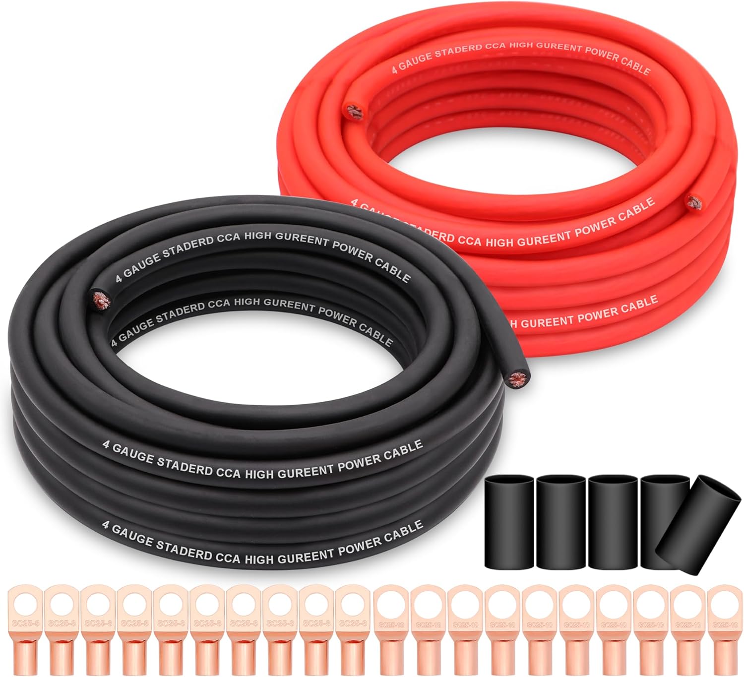 4 Gauge Wire Copper Clad Aluminum CCA 100FT Black/Red with 4ga lugs and Heat Shrink Tube - Battery Power/Ground Cable,Car Audio Speaker,RV Trailer Amp Wiring kit