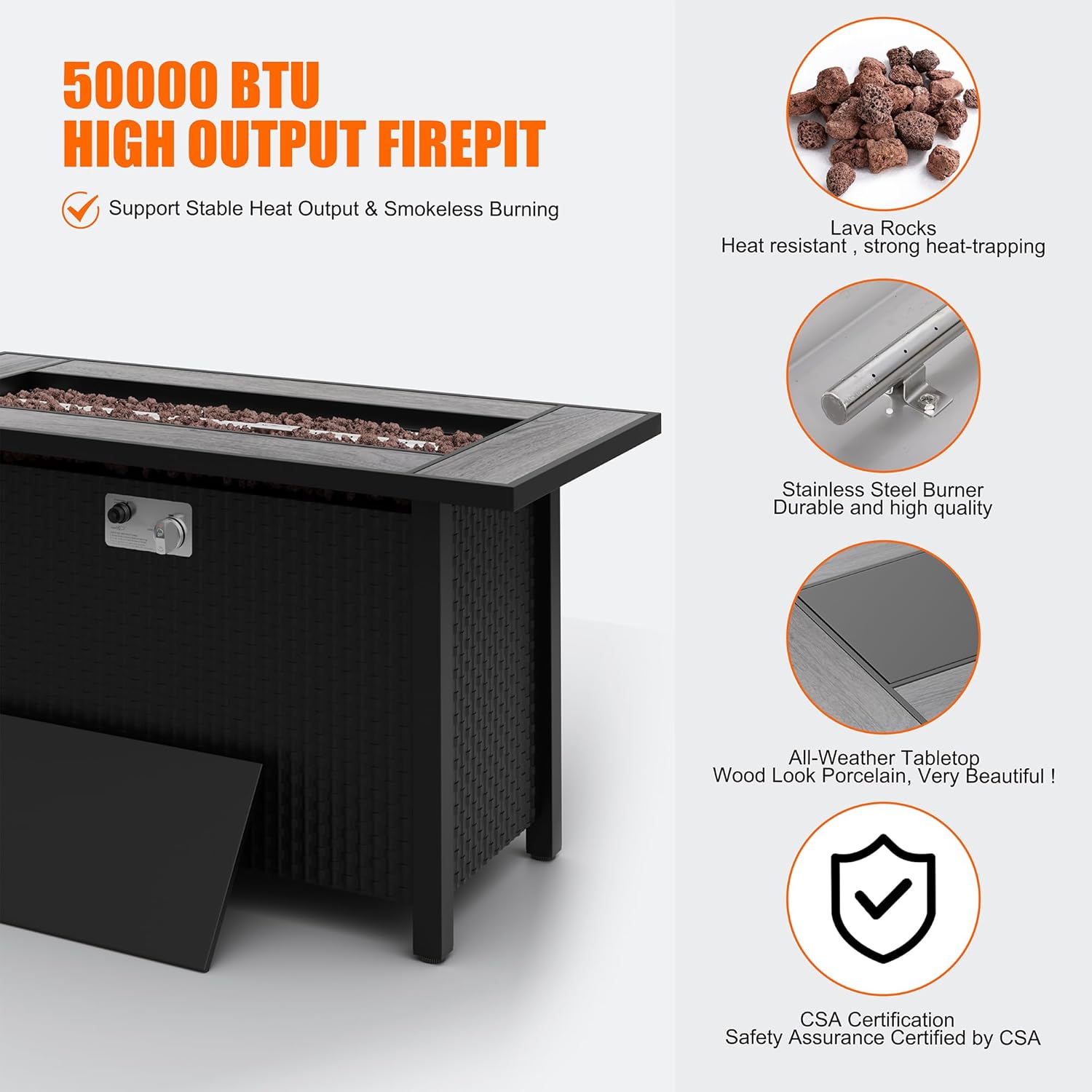 Shintenchi 45 Inch Outdoor Propane Fire Pit 50,000 BTU Gas Fire Pit Table with Lid, Lava Rock, Waterproof Cover, Rectangle Gas Firepit Table for Garden/Patio, CSA Certification