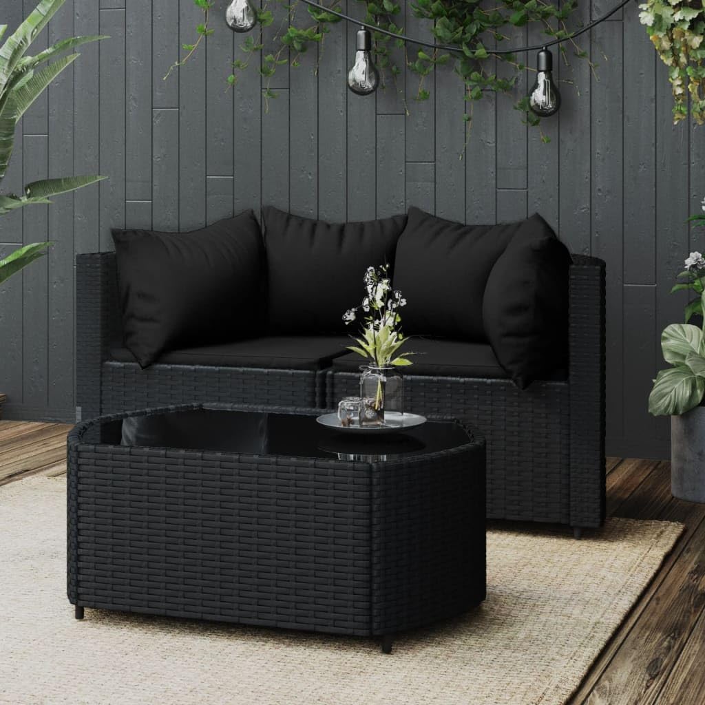 Patio Furniture, 3 Piece Patio Lounge Set with Cushions Black Poly Rattan