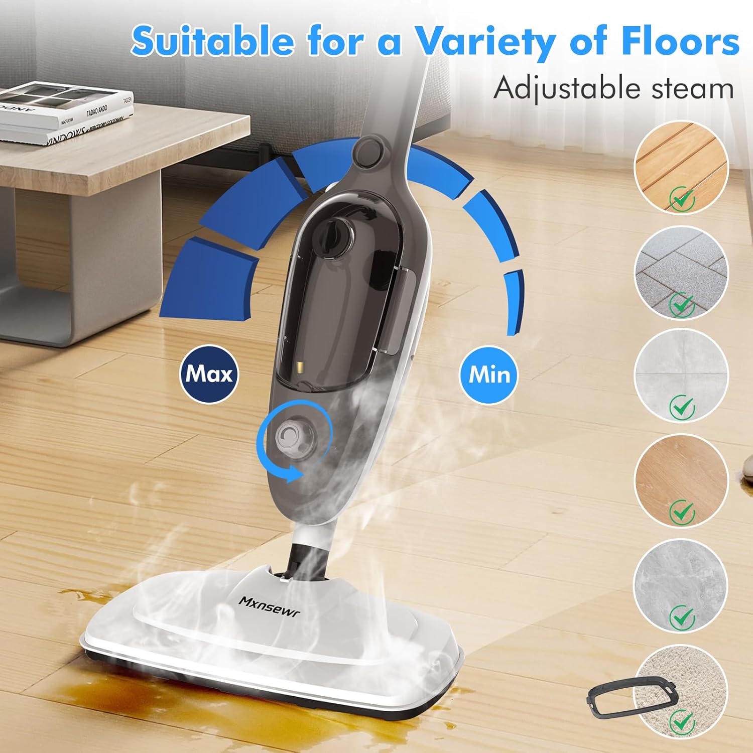 Steam Mop - All-in-one Powerful Handheld Steam Cleaner Detachable Floor Steamer with 11 Accessories, MultiPurpose Steamer for Hardwood Floors, Clothes,Windows,Tiles,Carpet, Whole Home Use,Grey