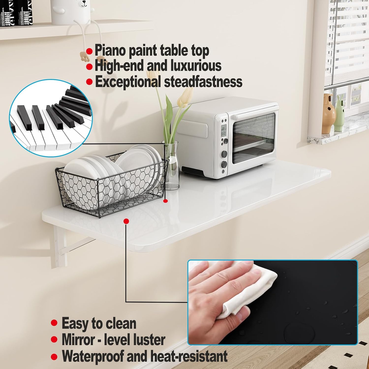 Wall Mounted Folding Table for Laundry Room Piano Baking Paint Waterproof, Wall Mount Table Fold Down Multi Size, Foldable Desk for Kitchens、Handicraft Production、Bars、Sewing Station（White）