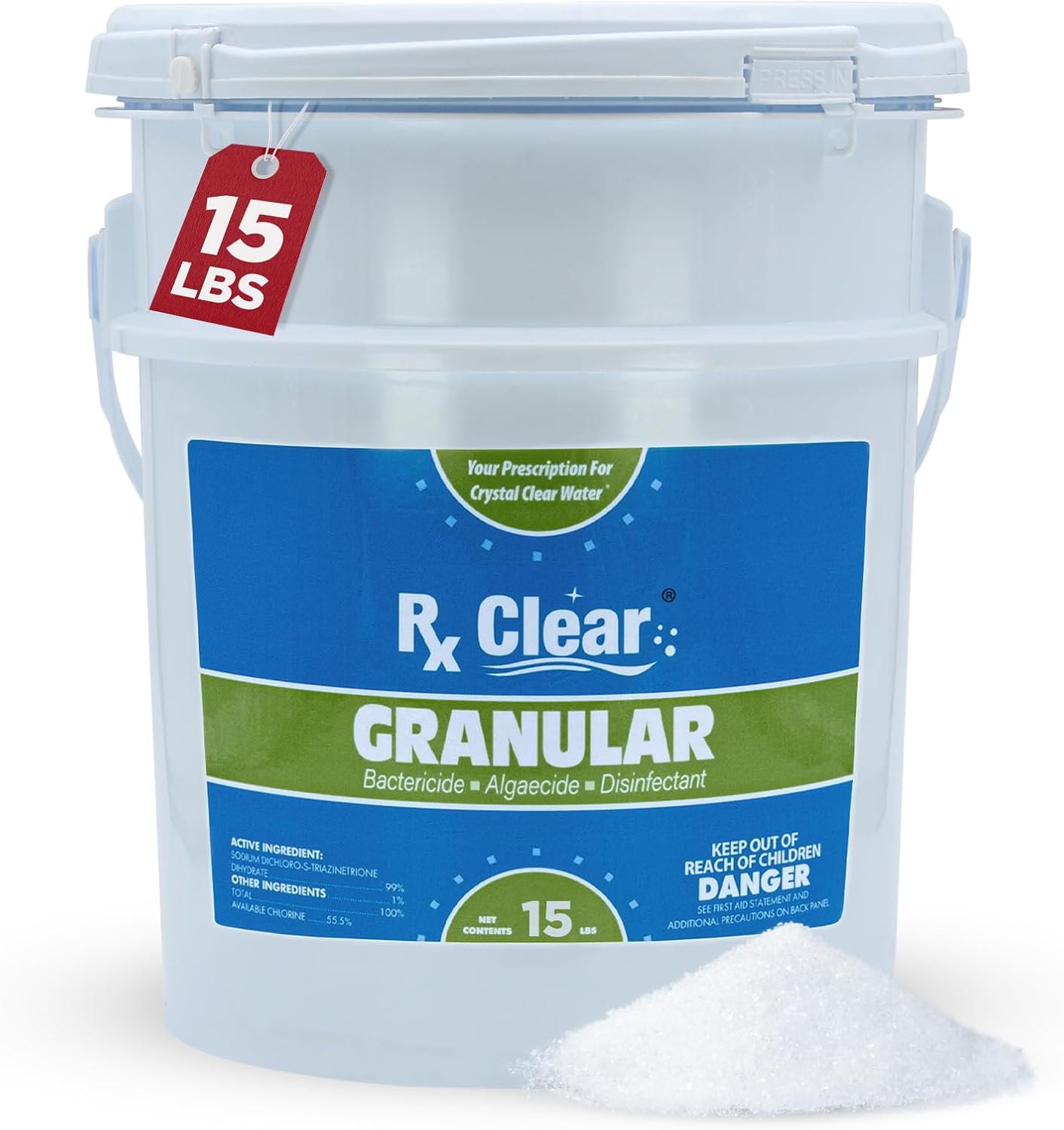 Rx Clear 15 lbs Granular Pool Chlorine | Use As Bactericide, Algaecide, & Disinfectant in Swimming Pools, Hot Tubs, & Spas | Stabilized, Fast Dissolving & UV Protected