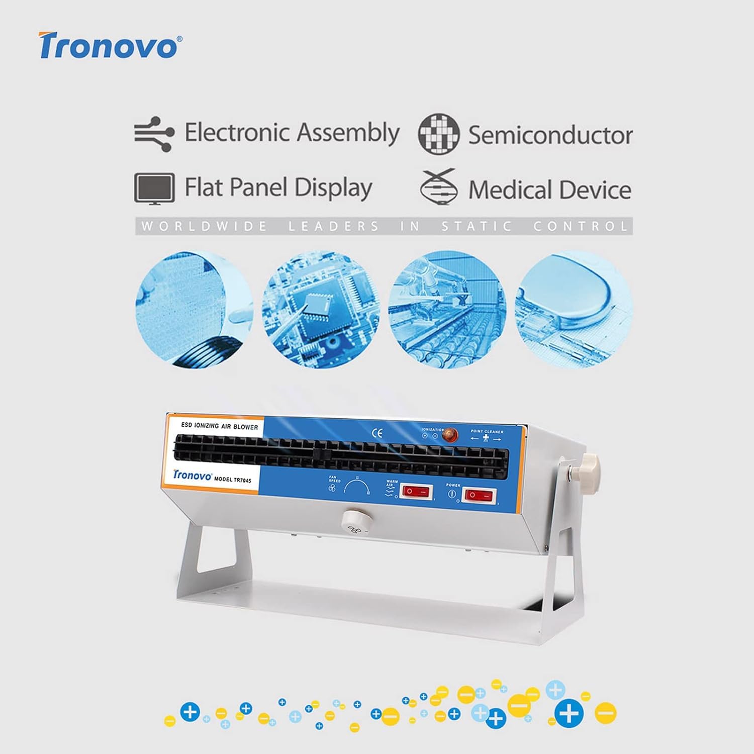 Anti-Static Ion Fan with Adjustable Airflow, Warm Air and Self-Cleaning Brush for Static Electricity Elimination in Electronic Production Lines and Maintenance Stations