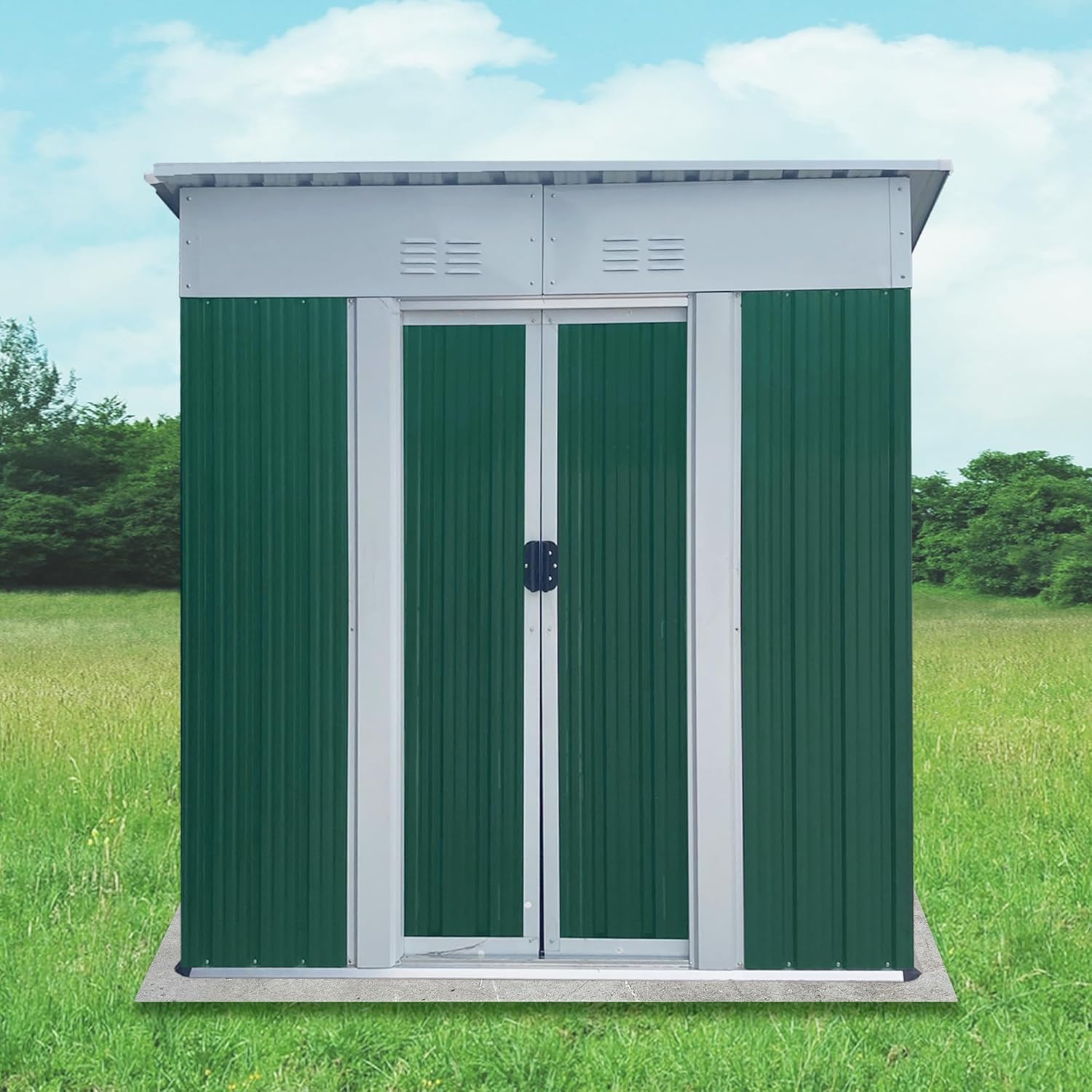 5FT x 3FT Metal Storage Shed – Green Outdoor Lean-to Shed, Galvanized Steel & Aluminum Alloy, Lockable Sliding Door for Garden Tools, Pet House, Pool Toys & More