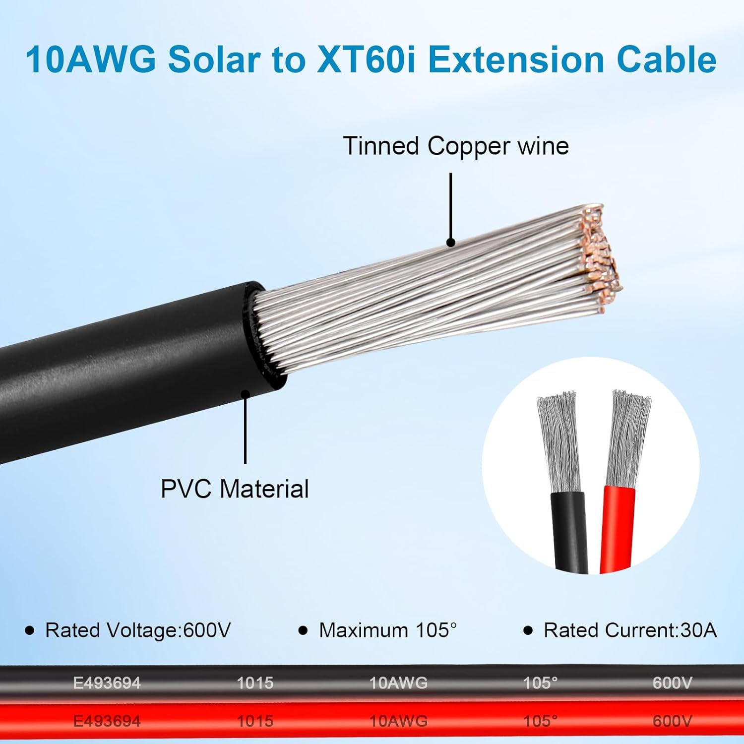 10AWG 50FT Solar to XT60i Extension Cable 3 6 10 35 50 75 100FT Heavy Duty Adapter Cable Connector XT60i Wire for Portable Power Station, Solar Panel, RV, Battery