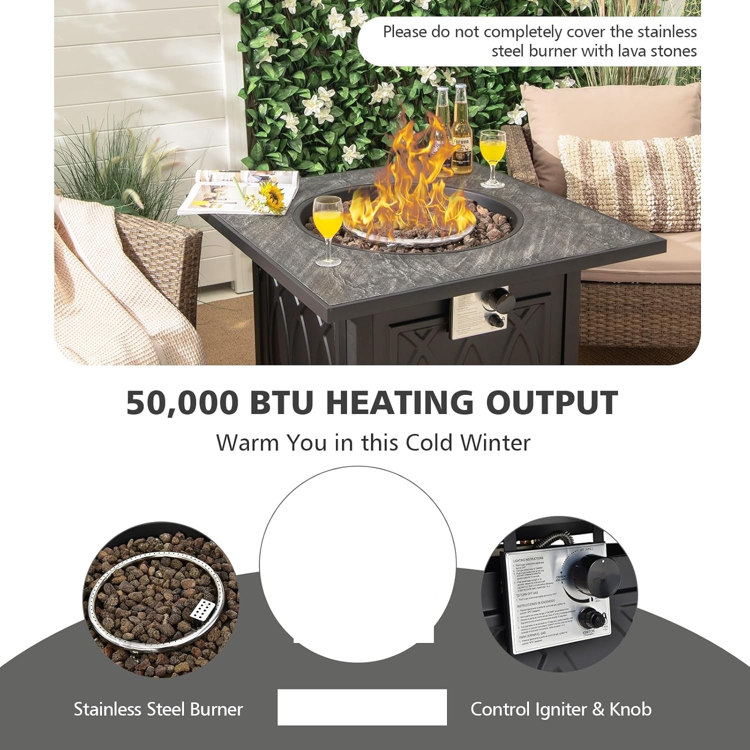 Tangkula 32 Inches Gas Fire Pit Table, 50,000 BTU Square Propane Firepit with High-Temp Resistant Tabletop, Adjustable Flame Lava Rocks and Waterproof Cover, Outdoor Fire Pit Table (Black)