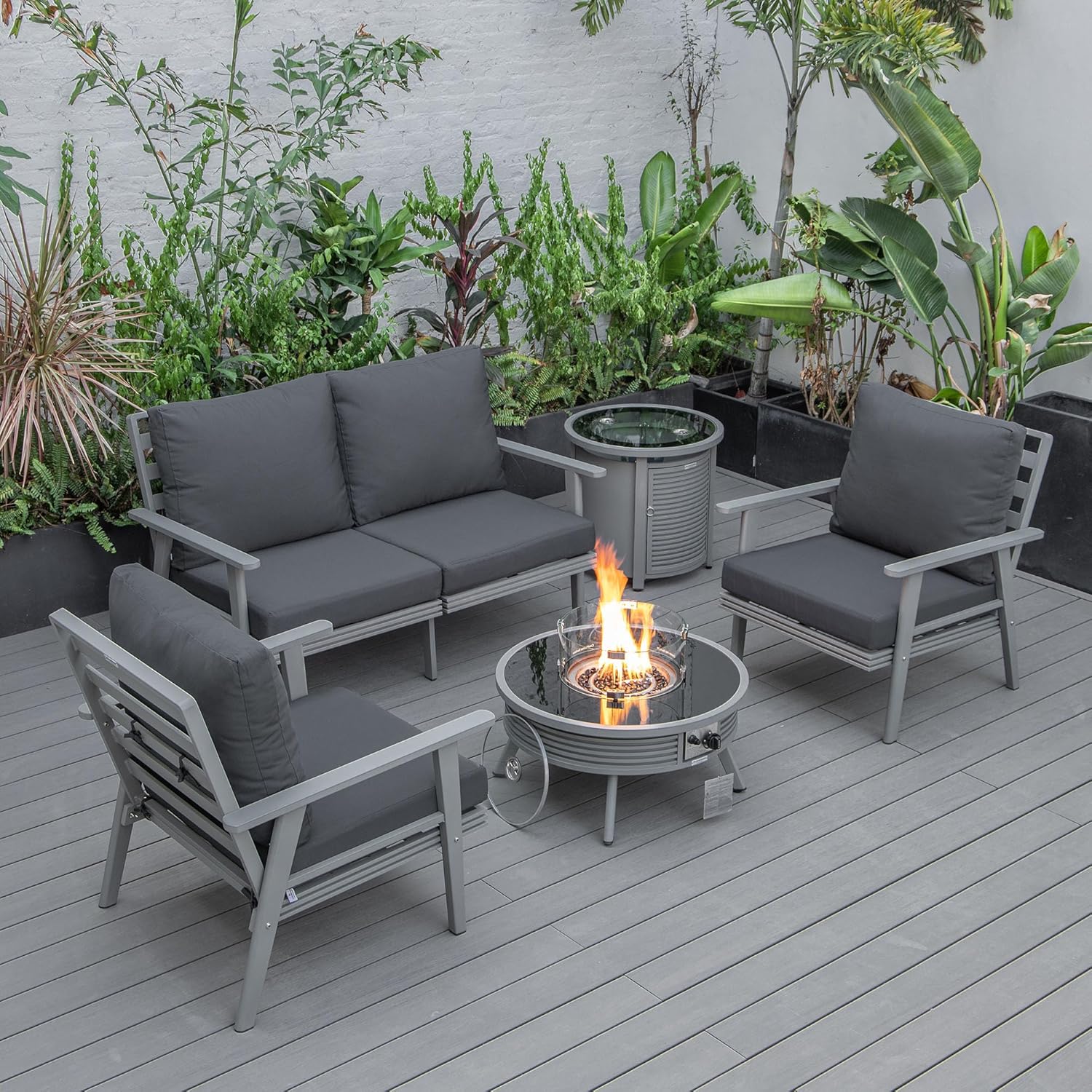 LeisureMod Walbrooke Modern Aluminum 5-Piece Patio Conversation Set with Outdoor Round Fire Pit Slats Design & Side Table Tank Holder, Charcoal
