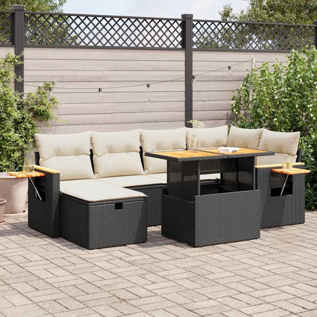 8-Piece Garden Sofa Set Black White Outdoor Patio Furniture Modular Design with Weather-Resistant Poly Rattan Acacia Wood Frame and Removable Cushions for Balcony Terrace