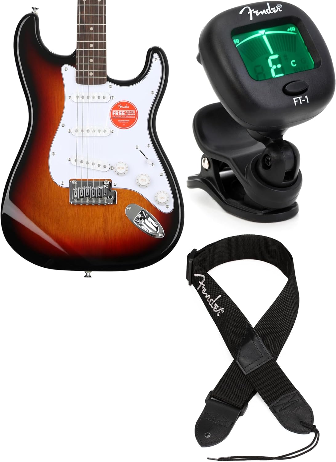 Fender Squier Affinity Series Stratocaster Electric Guitar, 3-Color Sunburst Finish, Laurel Fingerboard, Includes Tuner and Strap