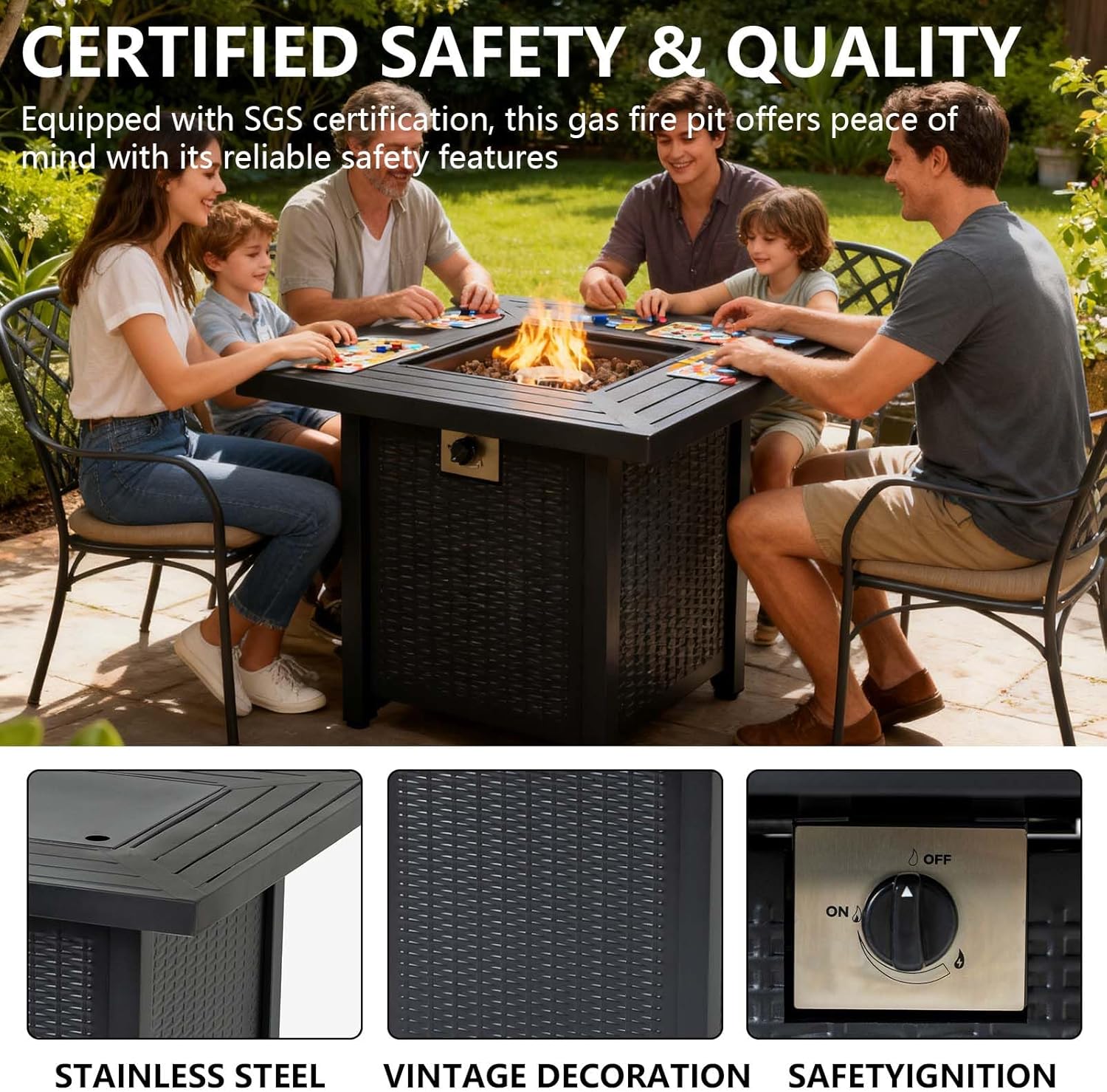 50000 BTU Propane Fire Pit Table Square,28 inch Fire Pit Propane for Outside Patio Black Gas Firepits,Iron (Black 1)