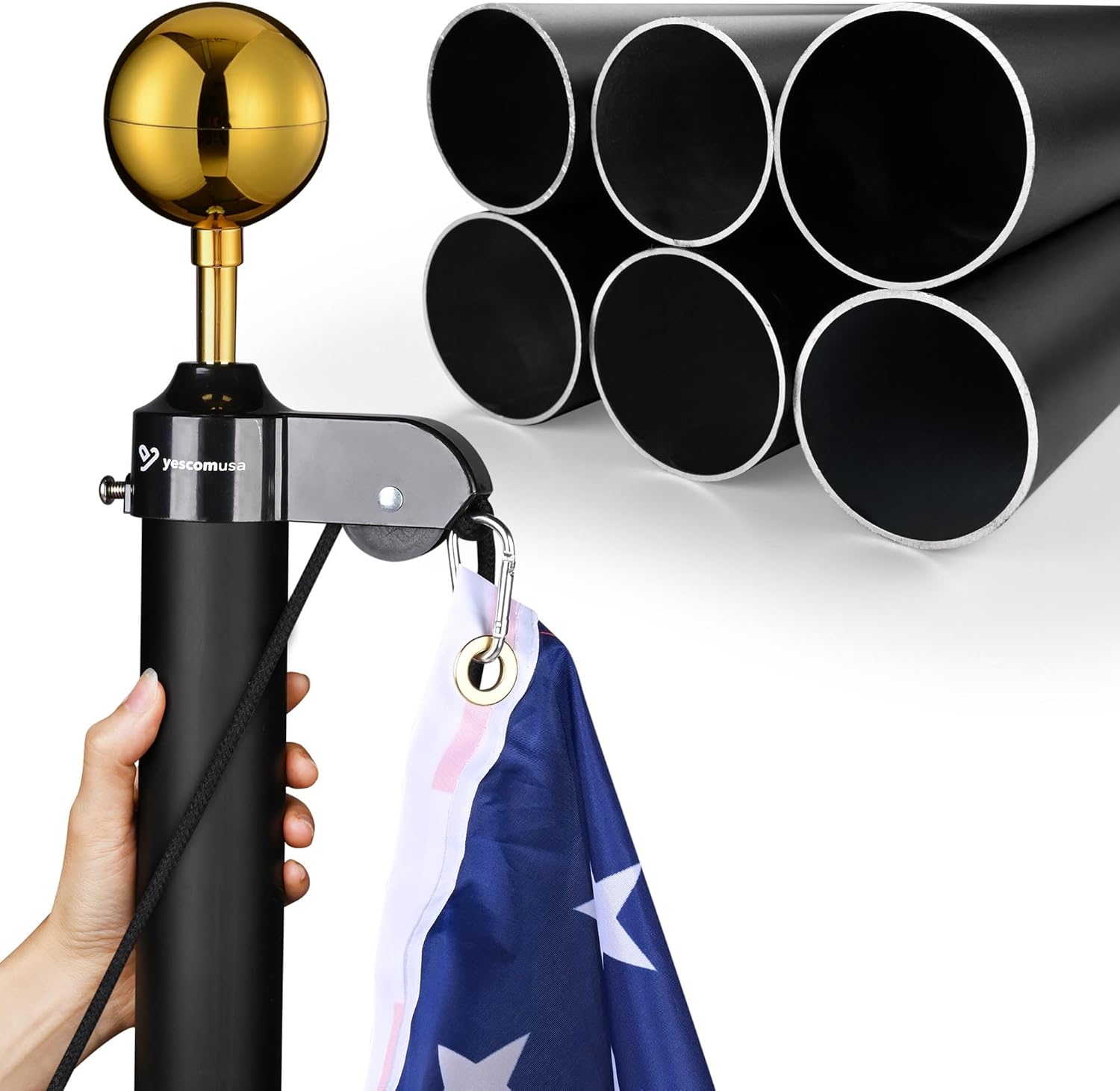 Yescom Bravery 30ft 13 Gauge Thicken Sectional Flag Pole Kit Aluminum Flagpole Set for Outside House Inground Yard Garden Residential Commercial with USA Flag Top Halyard Raising Rope Sleeve Black