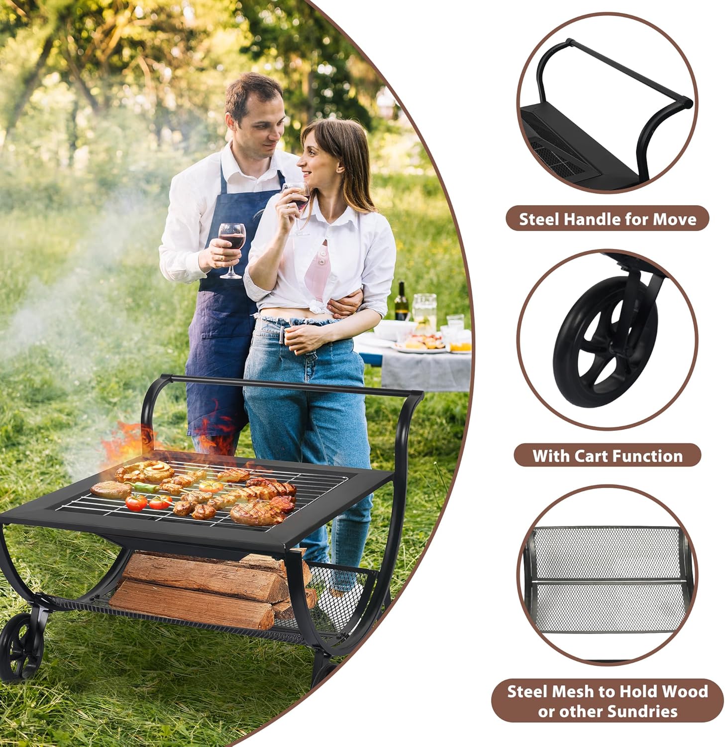 Outdoor Fire Pit with Wheels and Log Rack, Portable Fireplace Wood Burning for Garden, Patio, and Backyard - Includes Mesh Screen and Fire Poker, Fire Pits & Outdoor Fireplaces