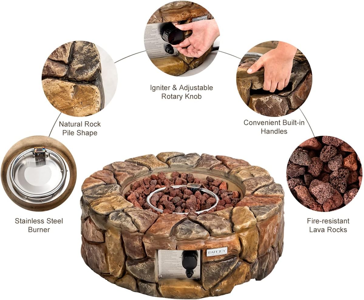 COSTWAY 28-Inch Gas Fire Pit 40,000 BTU Propane Fire Pit Outdoor with Natural Stone, Cover, Stainless-Steel Gas Burner w/Electronic Ignition Lava Rock, ETL Certification, Brown