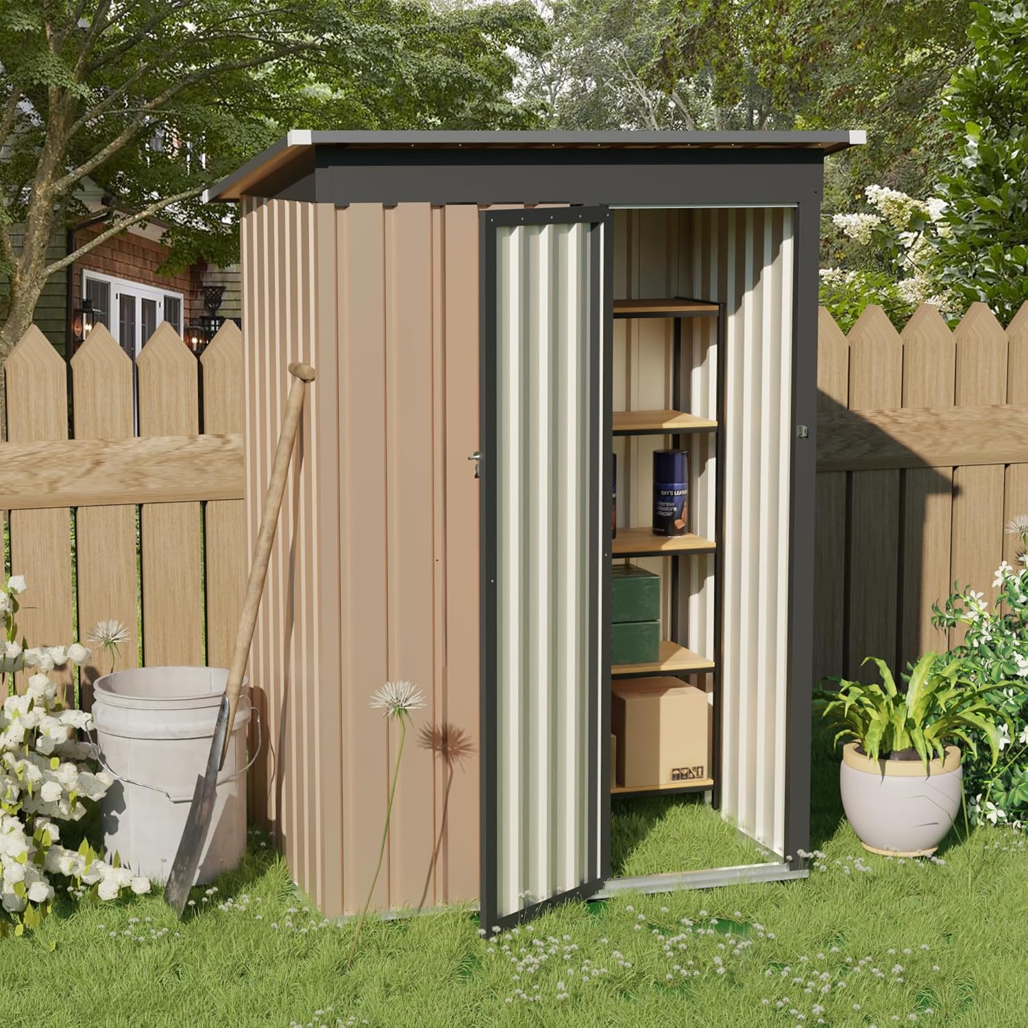 Galvanized Steel Garden Shed with Apex Roof, Outdoor Metal Storage Shed for Patio & Backyard, Weather-Resistant Utility House for Tools, Bicycles, Equipment (4.27x2.42 FT Brown Pent Hinge Door-A)