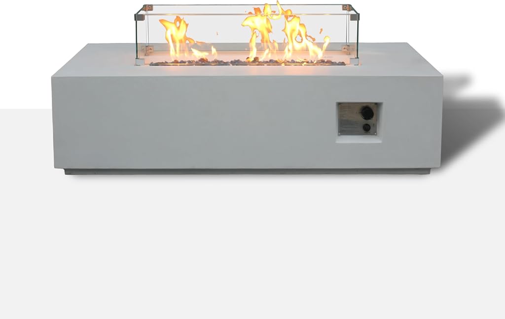 GOWE 52 Inch Outdoor Concrete Propane Gas Rectangle Fire Pit Table in Antique White Color