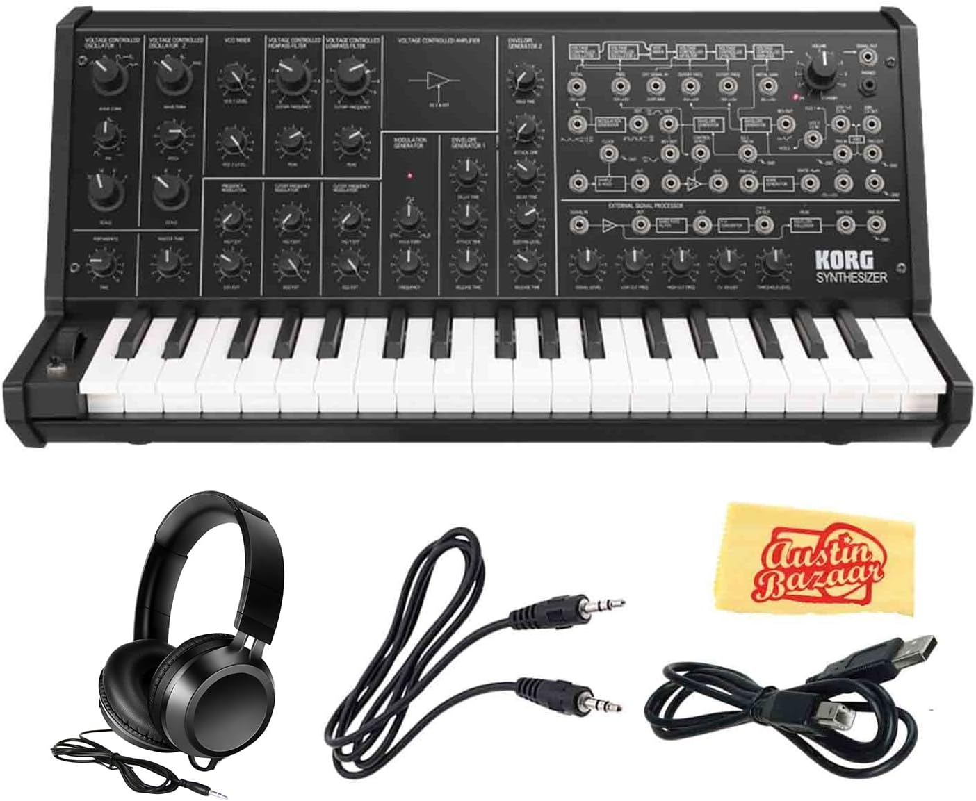 Korg MS20MINI Analog Monophonic Synthesizer Bundle with 3.5mm Aux Cable, Headphones, and Austin Bazaar Polishing Cloth
