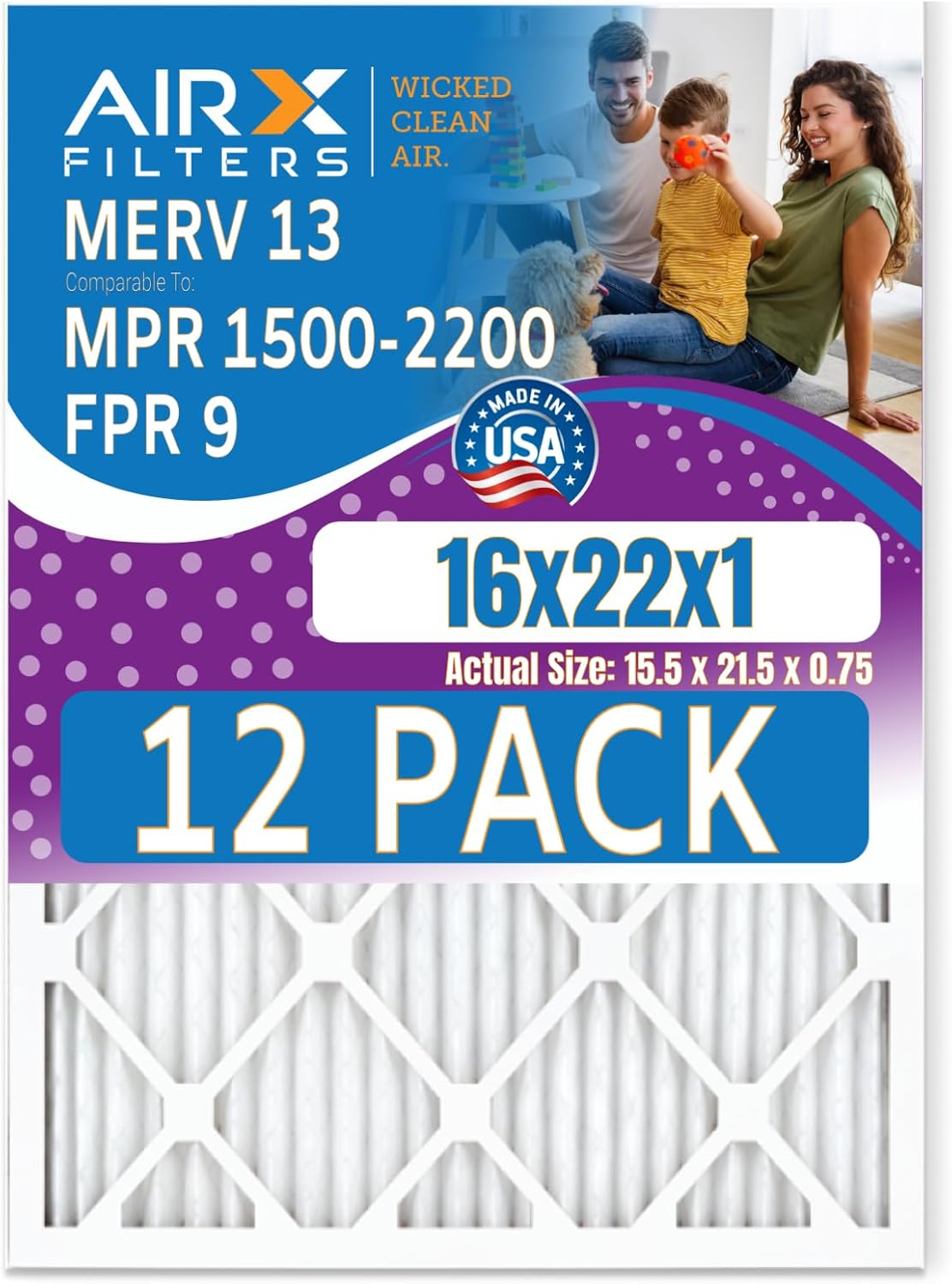 16x22x1 Air Filter MERV 13 Rating, 12 Pack of Furnace Filters Comparable to MPR 1500-2200 & FPR 9 - Made in USA by AIRX FILTERS WICKED CLEAN AIR.