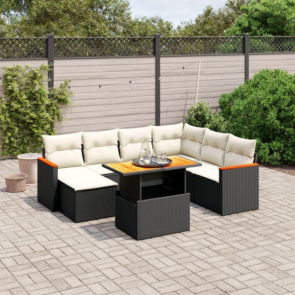 8-Piece Garden Sofa Set Black, Cream White Cushions, PE Rattan Outdoor Patio Furniture Sectional, Acacia Wood Tabletop, Weather-Resistant, for Balcony