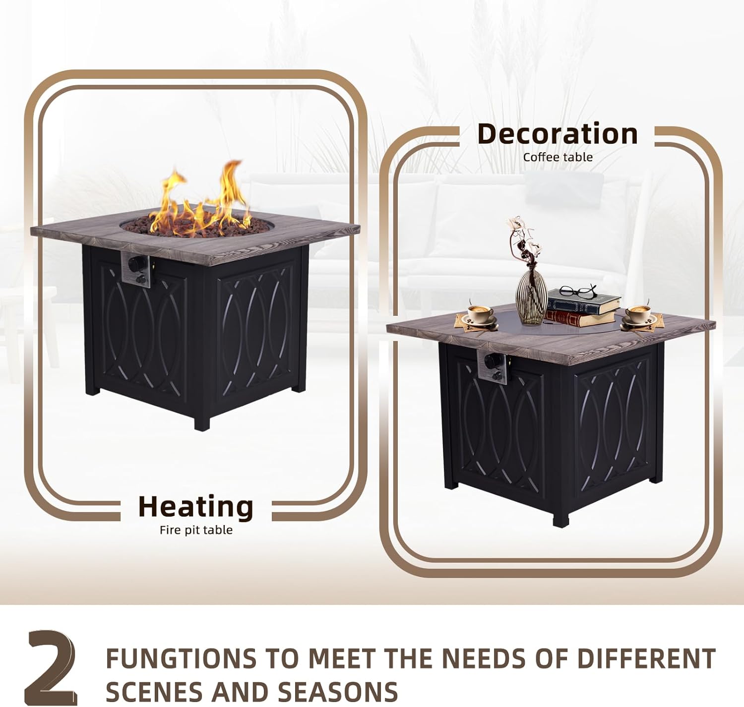 Faux Woodgrain Table top and Steel Base Propane Outdoor Fire Pit Table with Lid