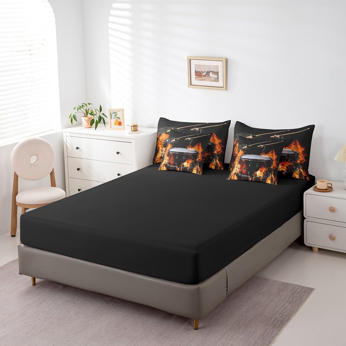 Erosebridal 7 Piece Grunge Drum Kit Bedding Set Full Size Comforter Set,Burning Fire African Drum Bed in a Bag,Classical Rock Roll Music Flat Fitted Sheet,Pop Music Lovers Bedding Comforter Sets