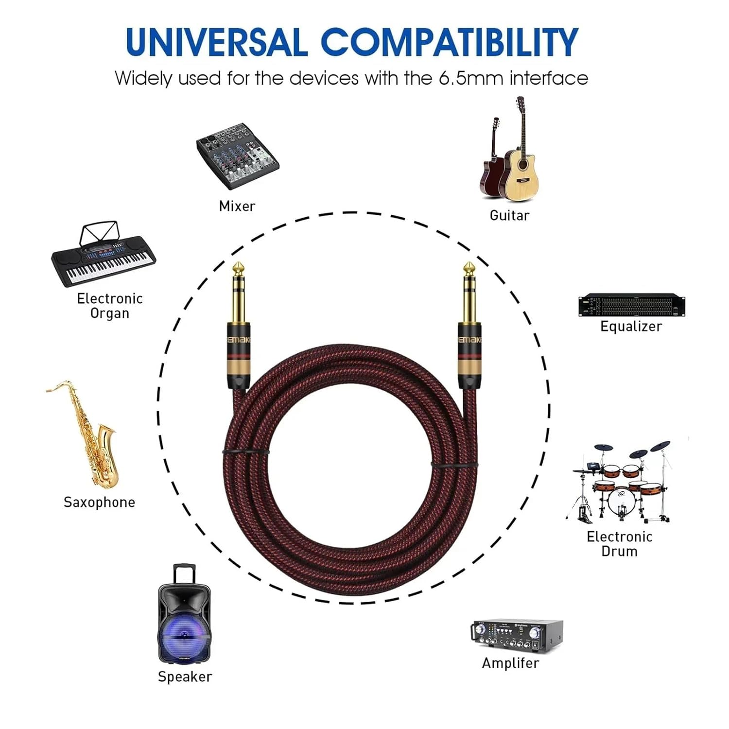 Stereo Audio Line TRS 1/4 Inch Male To Male Guitar Amp Cord 6.5mm To 6.5mm for Guitar Sax Speaker Amplifer Mixer Equalizer(Red-Straight LL,1m)