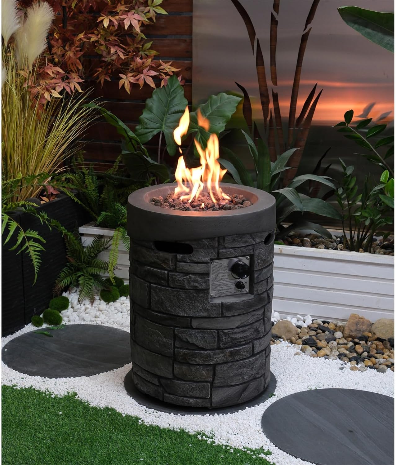 Penau 32000 BTU Round Outdoor Gas Fire Pit, 20 Inch Diameter, CSA Certified, Includes 2.5kg Lava Stones and Rainproof Cover, Durable Magnesium Oxide Surface