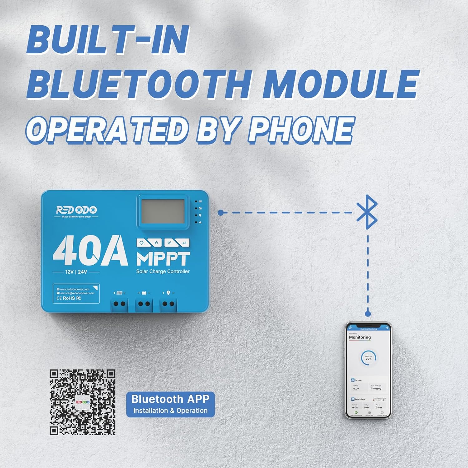 Redodo 40 Amp MPPT 12V/24V DC Input Solar Charge Controller with Built-in Bluetooth Module, Parameter Adjustable LCD Display LED Indicators