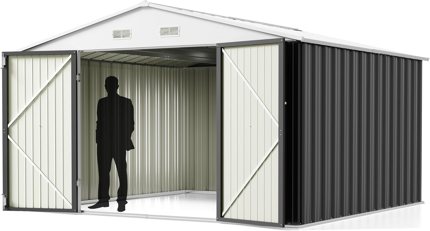 Greesum 10x10FT Outdoor Storage Shed, Utility Tool Shed Metal Storage Shed with Door & Lock for Patio Storage, Garden, Lawn, Gray