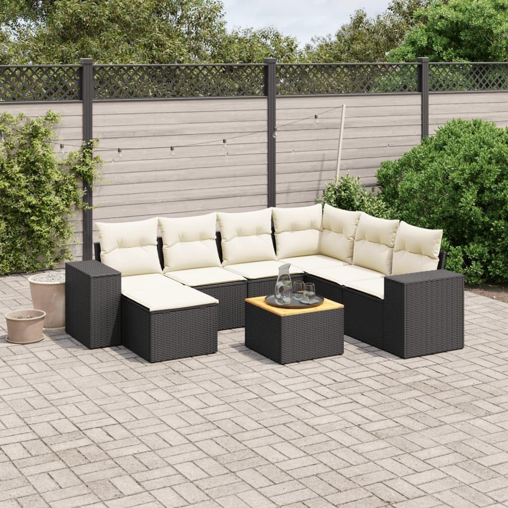 8 Piece Modular Outdoor Sofa Set Black PE Rattan Large Garden Furniture with Cream Cushions, Patio Seating for 7, Durable Steel Frame and Acacia Wood, Weather-Resistant