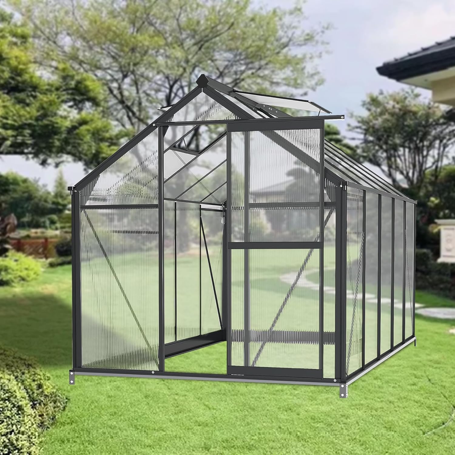 6x10 FT Greenhouses for Outdoors, Polycarbonate Green Houses for Outside, Heavy Duty Aluminum Large Walk in Greenhouse, Garden, Backyard, with Roof Vent Quick Setup, Black