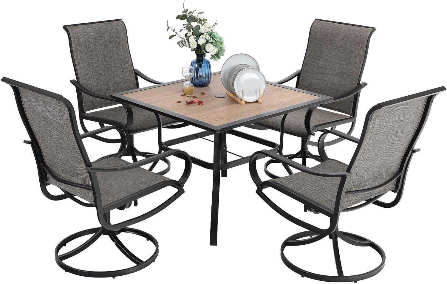 PHI VILLA 5 Piece Outdoor Patio Dining Set, Patio Table & Chair Set Clearance for 4 Person, 4 Swivel Dining Chairs & 1 Square Patio Table(1.57